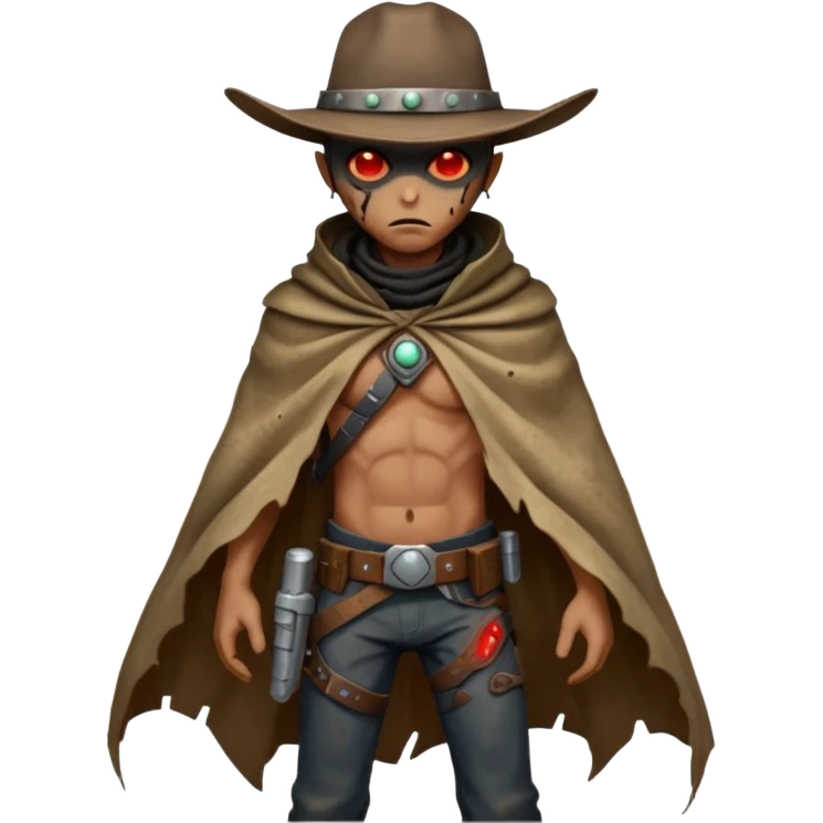 A rugged alien outlaw cowboy with scars and glowing red eyes, torn futuristic poncho, standing in a deserted alien town, dust blowing through empty streets, moody shadows, gritty sci-fi western realism
 emoji