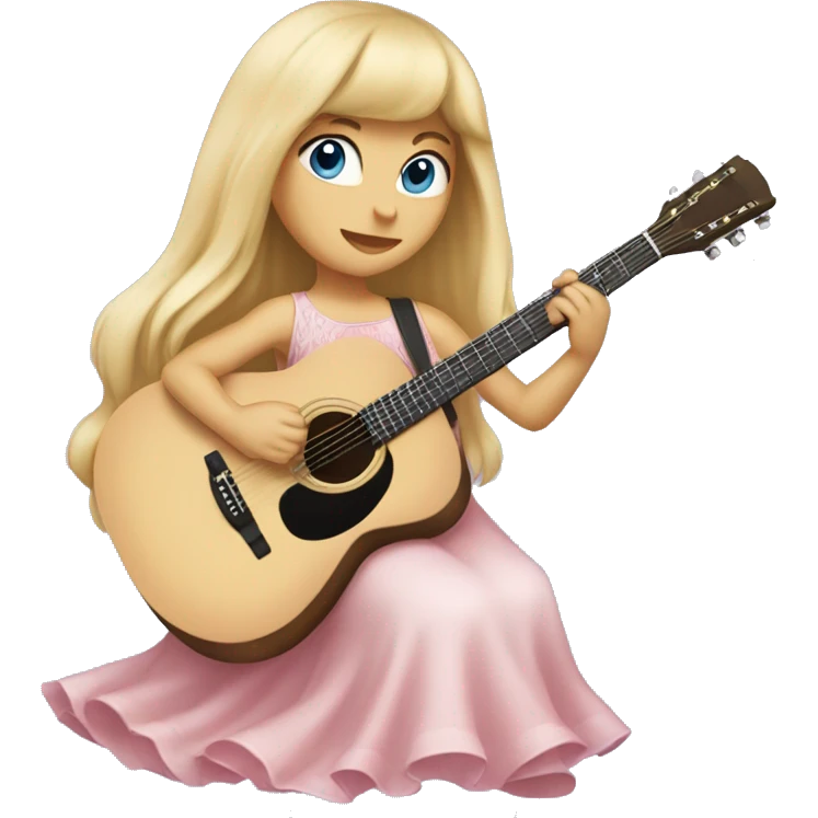 Girl with long blonde hair and bangs, blue eyes, wearing a baby pink long dress, playing acoustic guitar  emoji