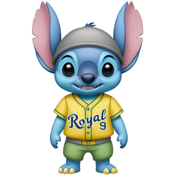 Stitch with a yellow and green baseball tenue and the name royal greys emoji