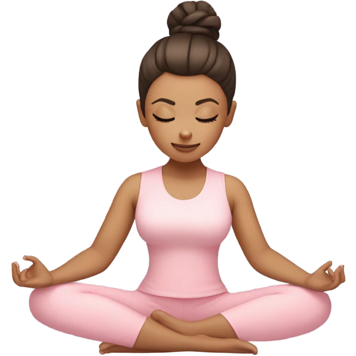 eyes closed emoji white girl brunette with a high bun girl in lotus pose wearing a pastel pink yoga set  emoji