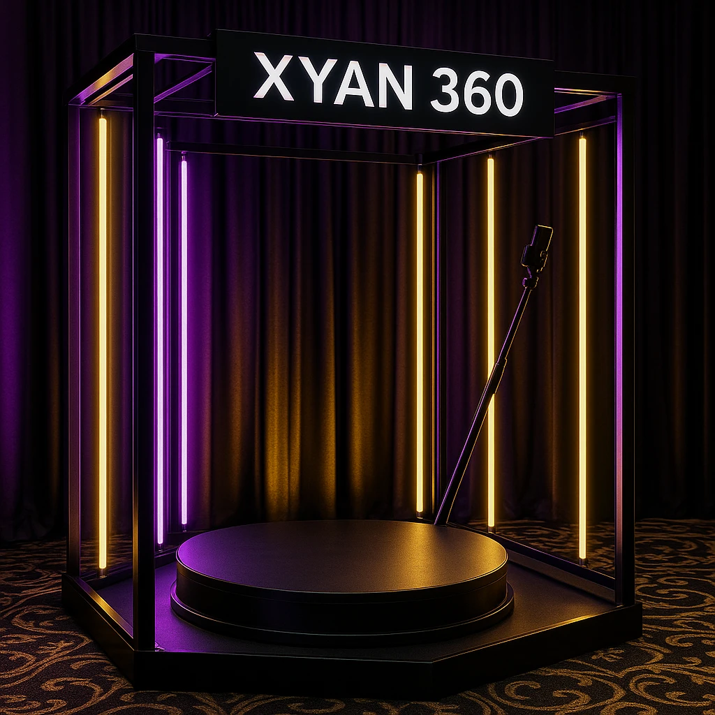 A 360 spin booth with vibrant LED lights in purple, gold, and black, with 'Xyan 360' signage, luxury event style, elegant and modern emoji