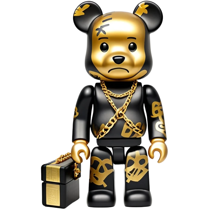 hustler bearbrick toy figure with graffiti print, X symbols instead of eyes, gold chain and money emoji