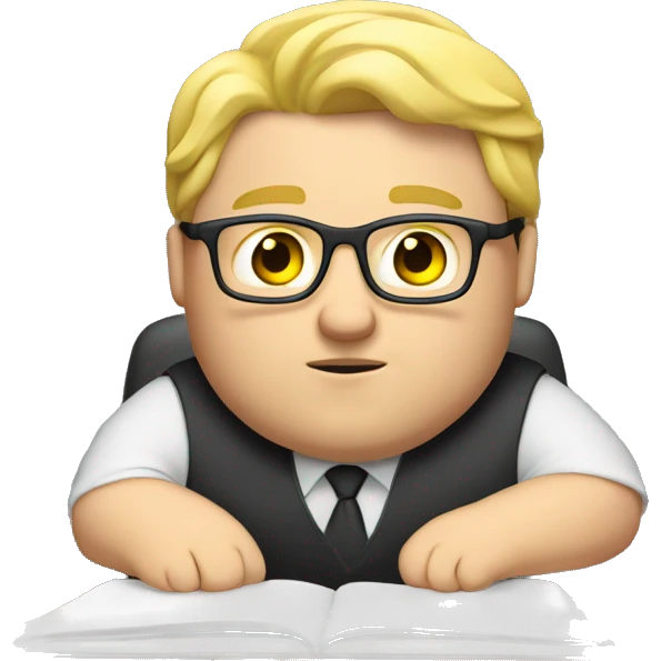 A fat guy with blonde hair and glasses sitting at a computer doing schoolwork emoji