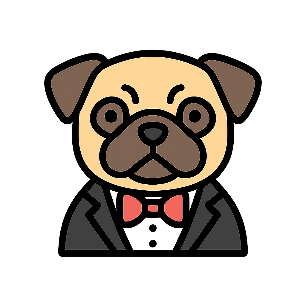 pug dog wearing a tuxedo, color icon emoji