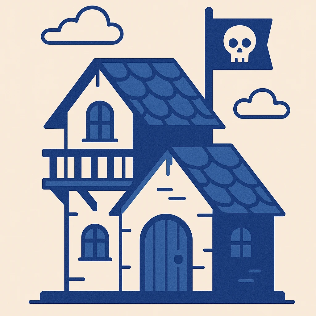 old pirate's house with skull flag emoji