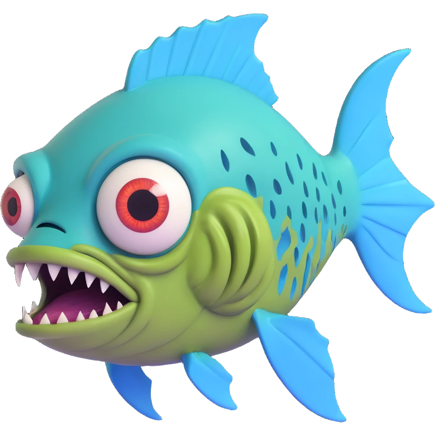 zombie fish, bulging eye, torn fins, green and blue colors emoji