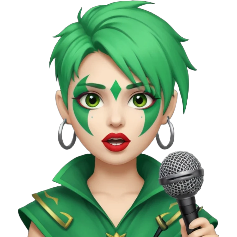 green haired, warrior face painted, holding microphone, singing emoji
