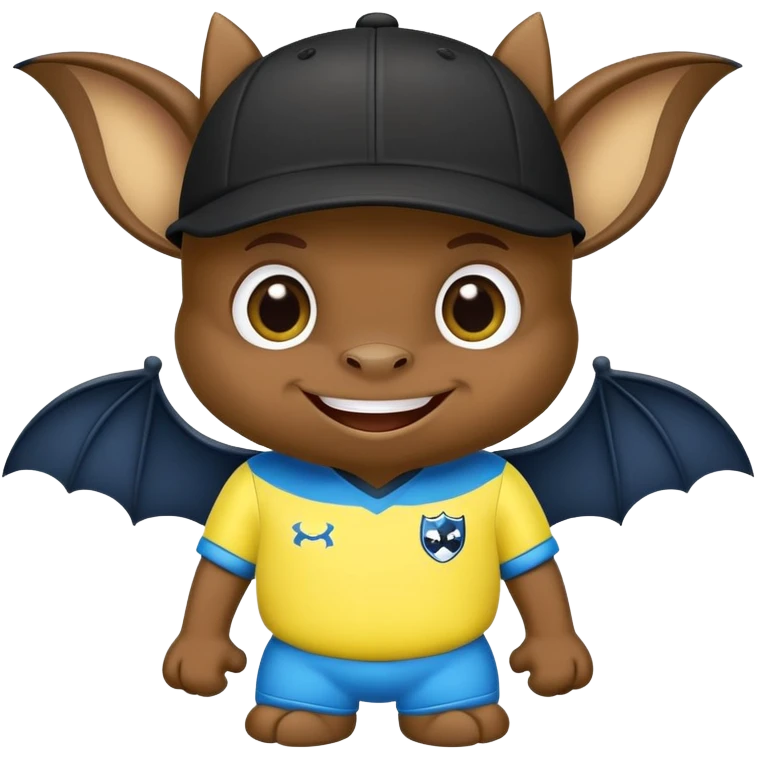 Cheeky little bat mascot for FC Rostov football club, wearing black goalkeeper cap like Lev Yashin, in yellow and blue team colors, mischievous expression, cute bat with big smile emoji