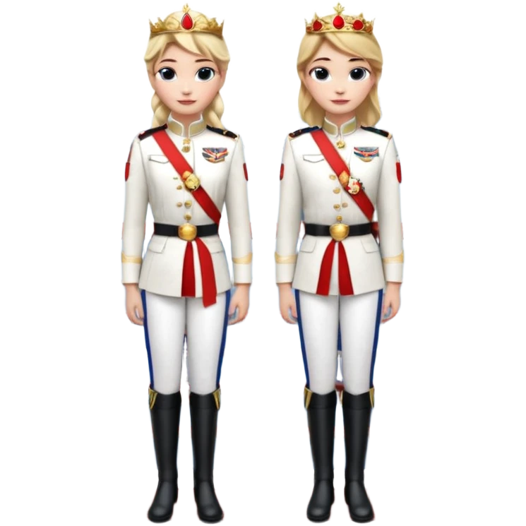 Elsa and Anna arendelle from disney frozen movie are same wearing gold tiara white military tunic arm badge shoulder cord medal red sash blue belt black trouser with both side red stripe white overknee boots and they both has visited in Mumbai's bandra worli sea link bridge emoji