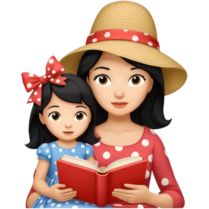 A black hair mother in a ribboned hat wearing polka dot dress reading a storybook to her child. emoji