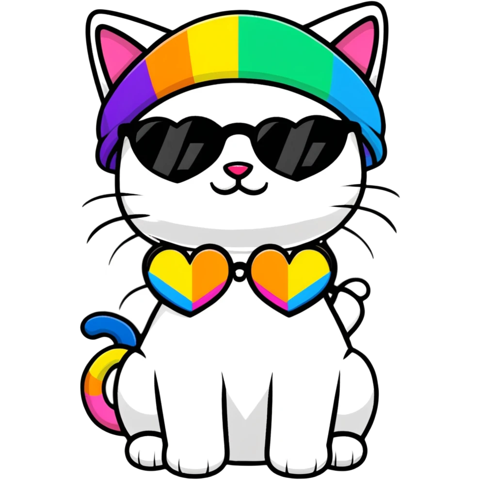 cat wearing a rainbow beanie and heart-shaped sunglasses emoji
