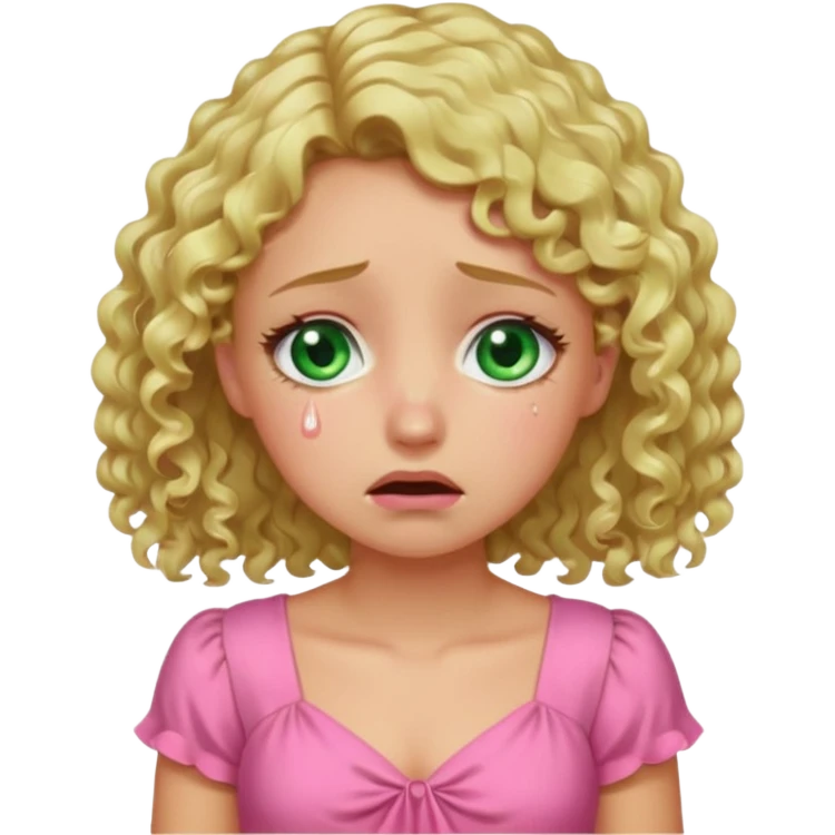 the girl is that criying she has green eyes and blond hair curly pink dress, emoji
