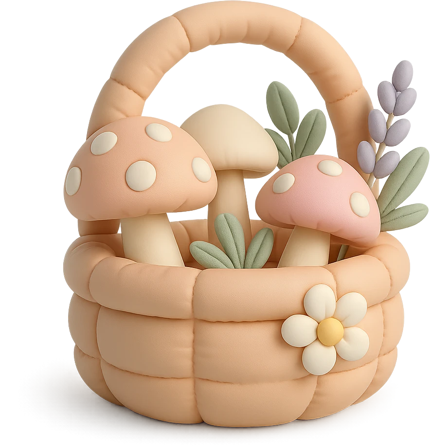 basket full of forest goodies including mushrooms, herbs, flowers in soft pastel colors, cushion style emoji
