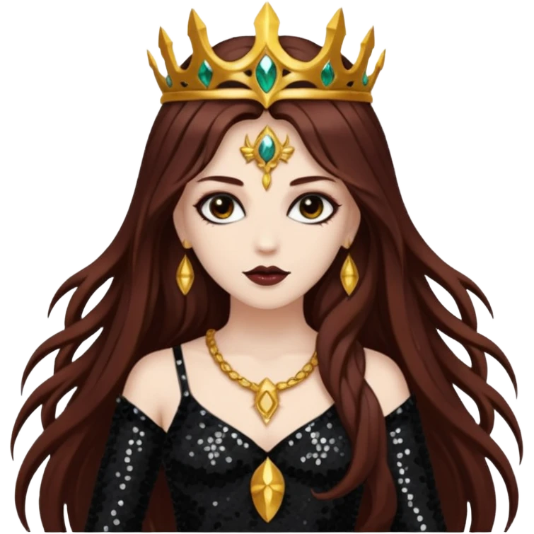 Libera, Goddess of Death from Gods and Goddesses with long dark auburn hair, black sequin outfit emoji