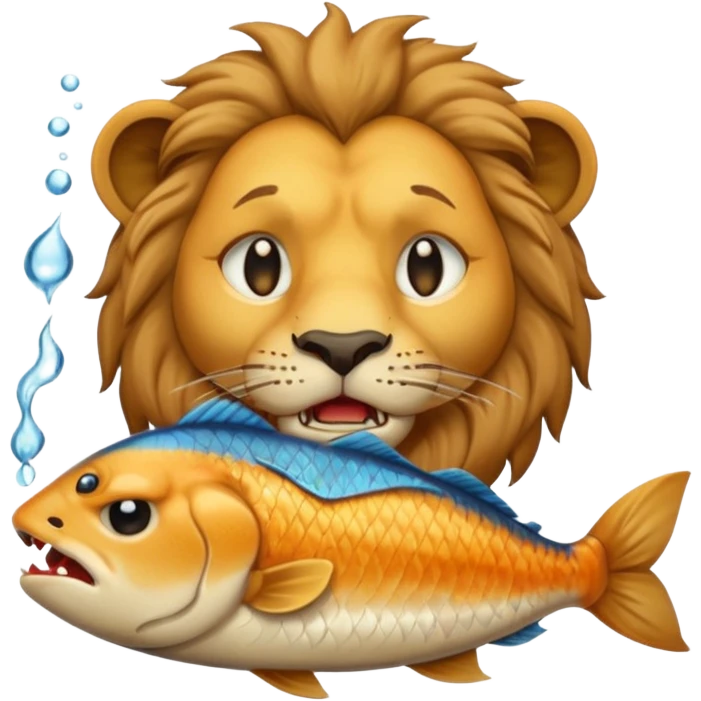  A lion eating a fish, feeling sad, cry, portrait, bust up emoji