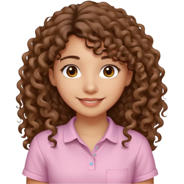 A Latina girl with brown eyes and long loose curly hair with curly bangs with a light pink shirt emoji