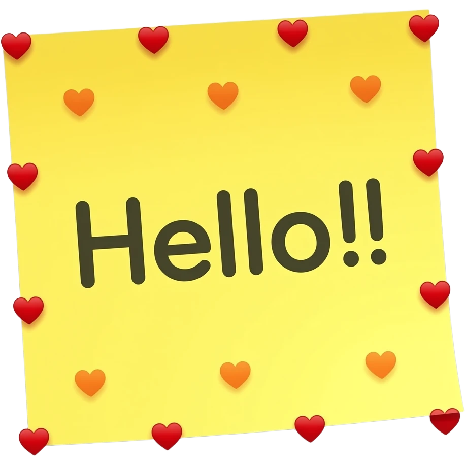 sticky note that says "Hello!!" with many tiny red heart in transparent background emoji