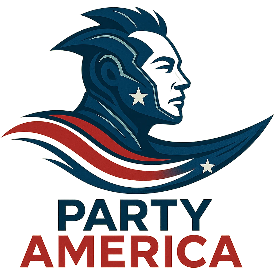 logo for a new US political party called 'Party America' featuring a stylized creature inspired by Elon Musk, with the party name 'Party America' clearly printed on the logo, blending futuristic and patriotic elements, using red, white, and blue colors emoji