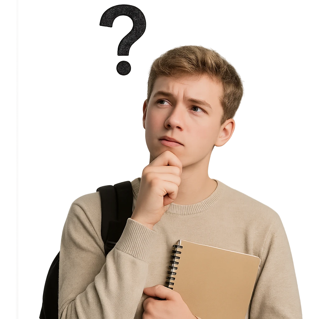 realistic style student thinking about a question, with question mark above head, thoughtful pose emoji