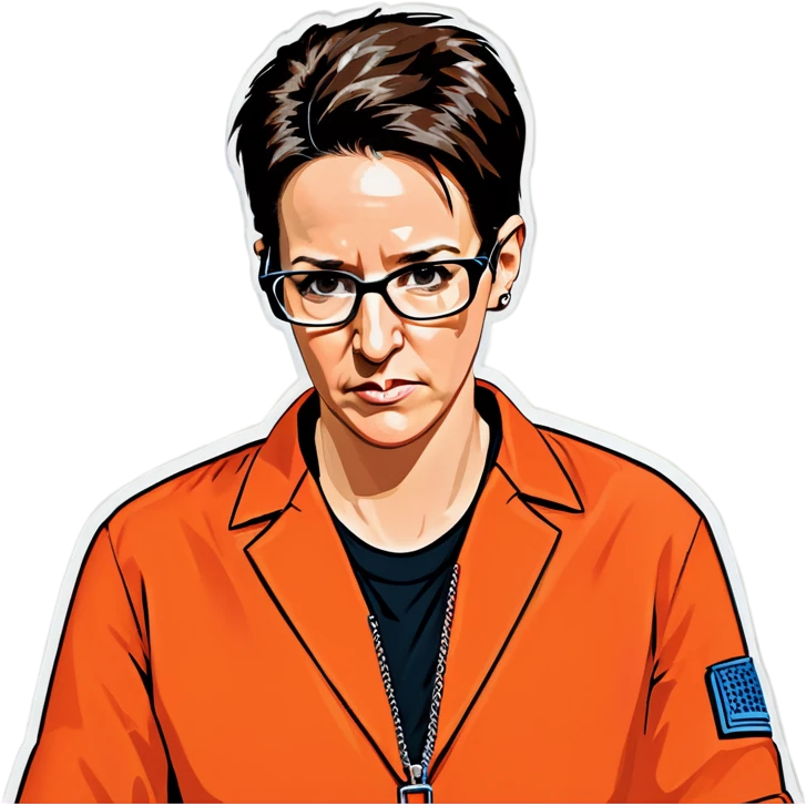 Rachel maddow in handcuffs  behind her back with an orange jumpsuit up close looking worried emoji
