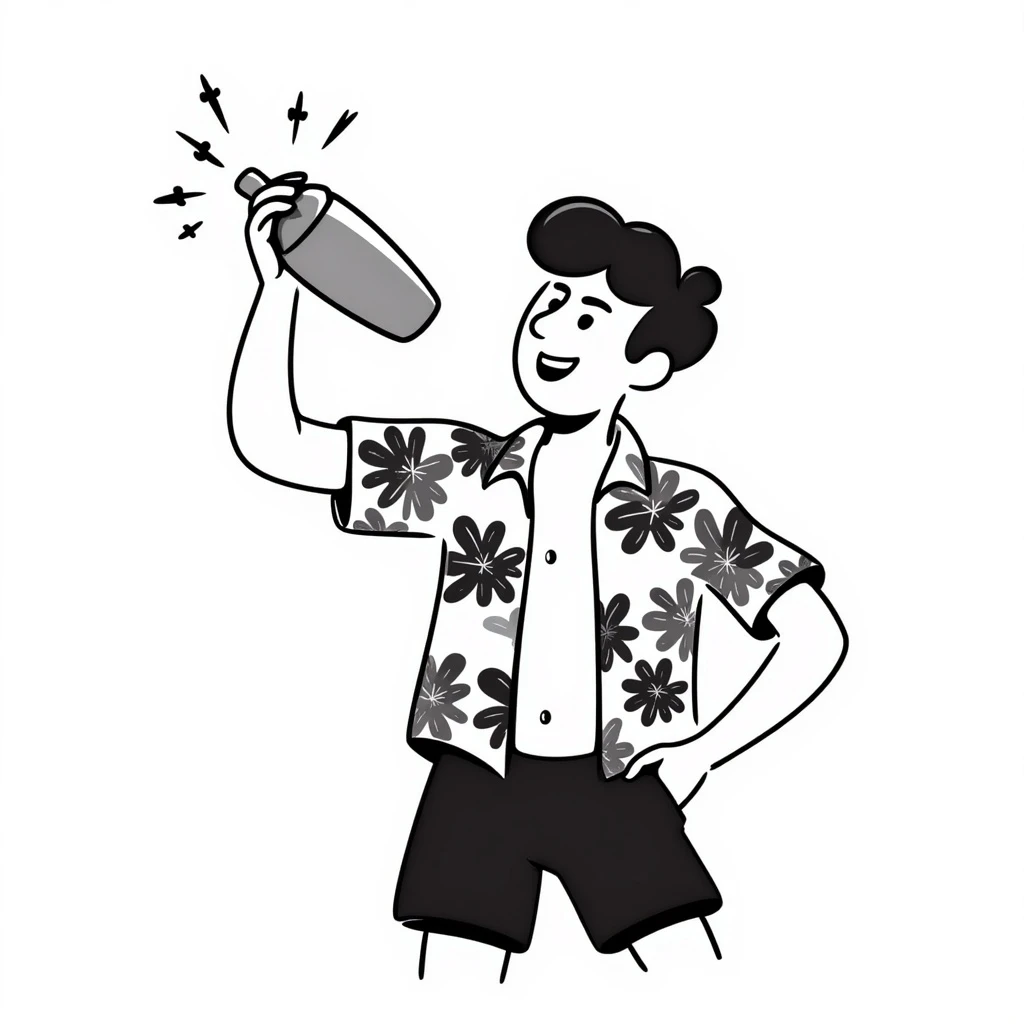 human male Unbuttoned Hawaiian shirt, swim trunks, shaking a cocktail shaker (sparks flying) emoji
