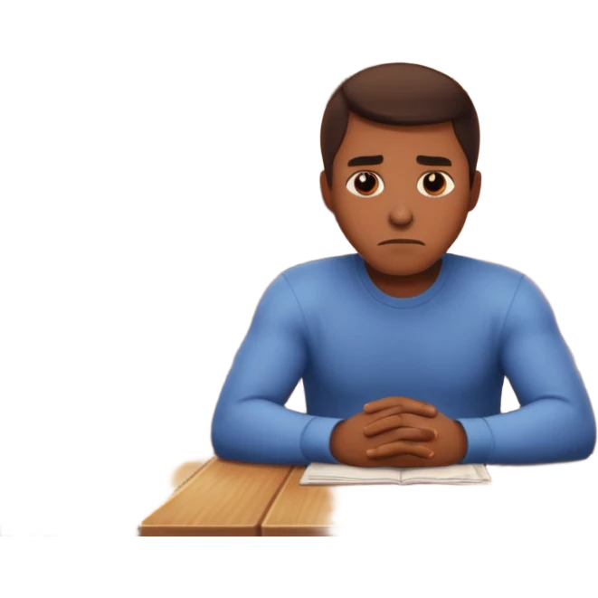 a man sits sadly at a table, a house is burning behind him, apple style emoji, more focus on the man's expression emoji