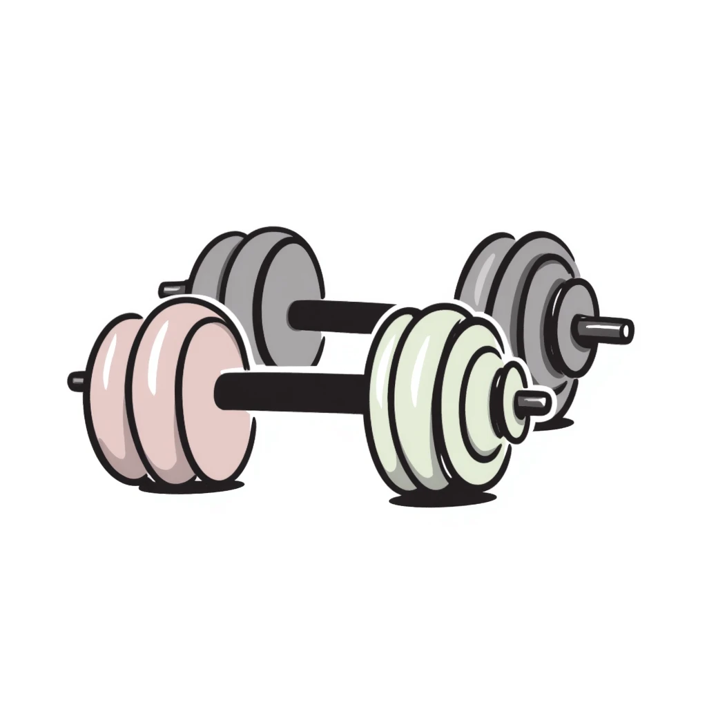 Adjustable dumbbells with weight plates in pastel colors (dd9fb0, ffc6d3, a3bfc9, c4bee2, f1b091), hand-drawn doodle style emoji