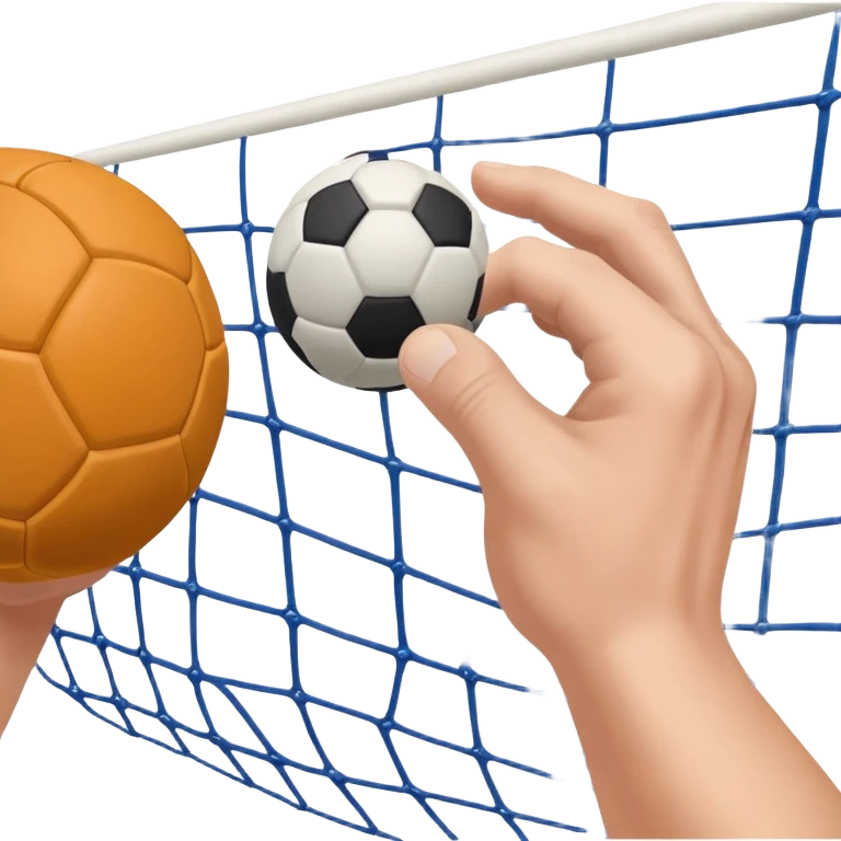 A close-up of a hand gripping a handball, with the handball gates visible in the background. The focus is on the texture of the ball and the strength of the grip, with the goal net slightly blurred to emphasize the anticipation of the throw. emoji