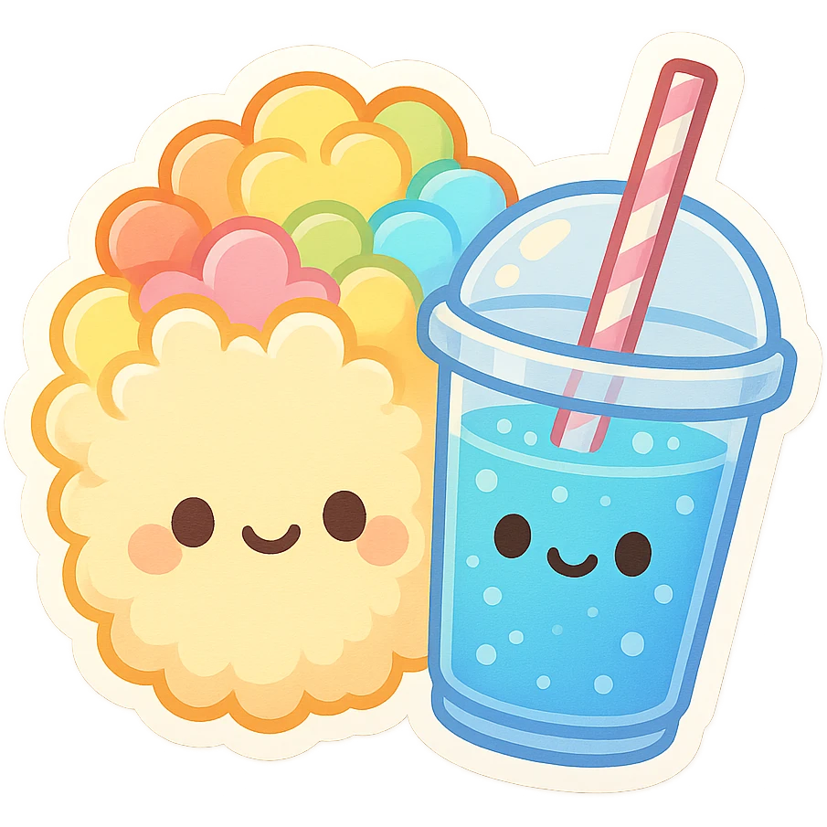 fluffy rainbow popcorn and blue dyed soda in the middle, vibrant, playful, suitable for emoji or sticker emoji