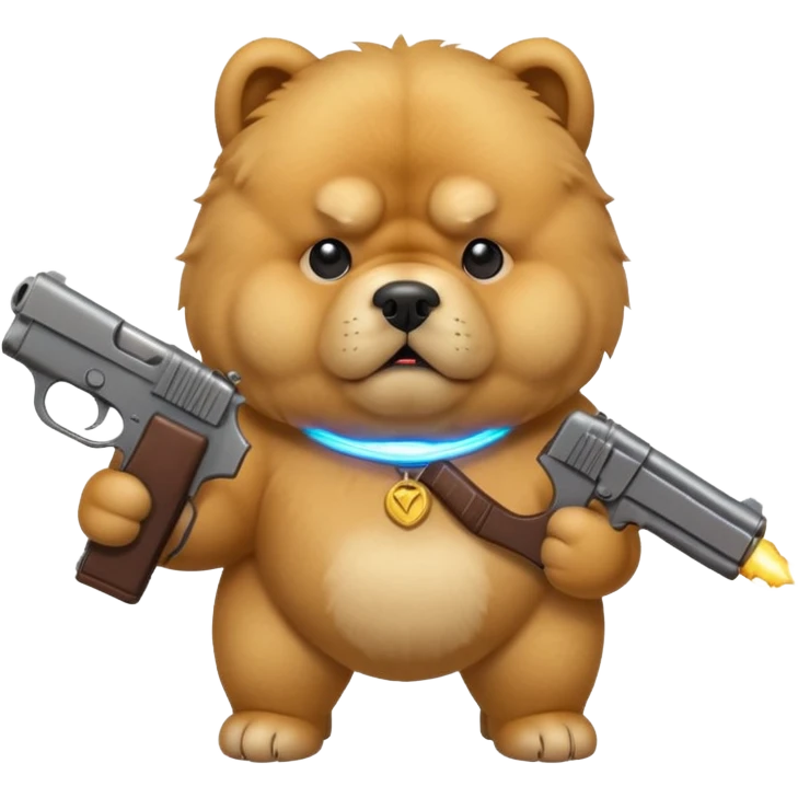 Funny cartoon-style chow chow dog with light fur standing on its hind legs and holding a gun menacingly emoji