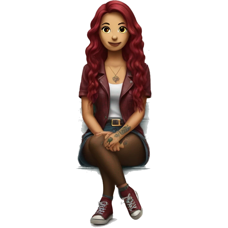 Beautiful tattooed burgundy long haired woman sitting on a bench emoji
