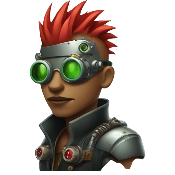 Male cyborg with thin red Mohawk and green steampunk goggles emoji