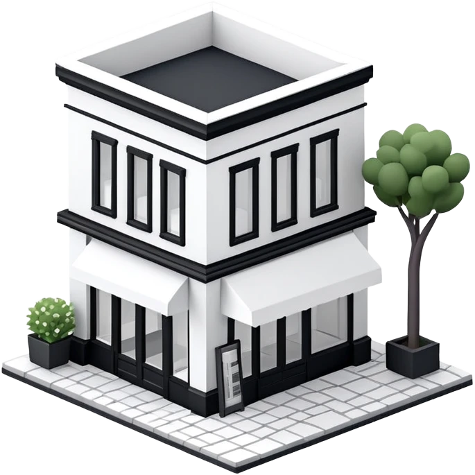 Isometric exterior little black and white bookstore, modern dollhouse style 3D realistic  emoji