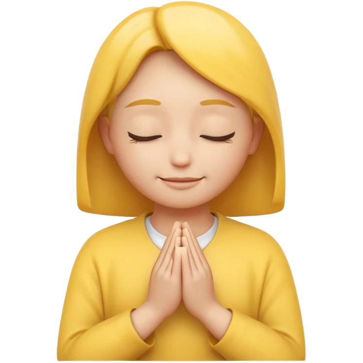 A 3D Apple-style yellow round emoji, calm and patient expression, closed eyes with a gentle smile, hands together in front as if waiting or praying, soft relaxed eyebrows, subtle glow around the head to symbolize patience, clean minimal background emoji