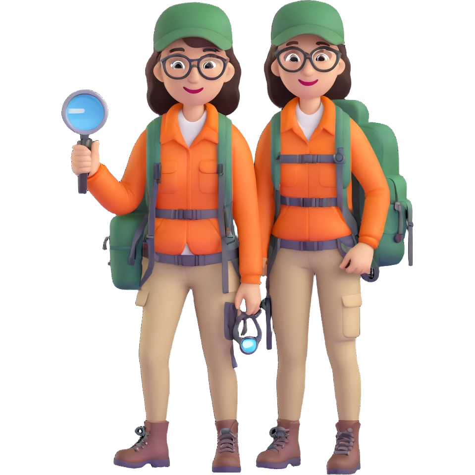 Happy female explorer with glasses, hiking outfit, backpack, holding a single magnifying glass emoji