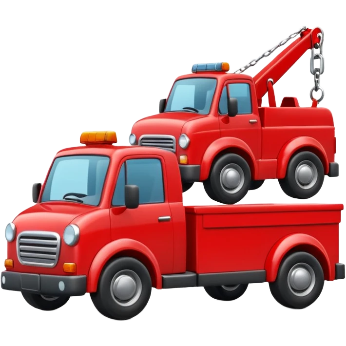 A 3D cartoon red tow truck pulling a small car, bright daylight, simple road background, Memoji-style realism. emoji