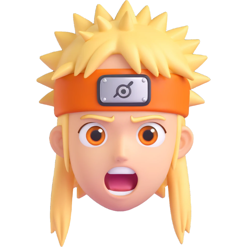 shocked Naruto with spiky blond hair, wide eyes, mouth open, orange headband, 3D emoji, iOS style emoji