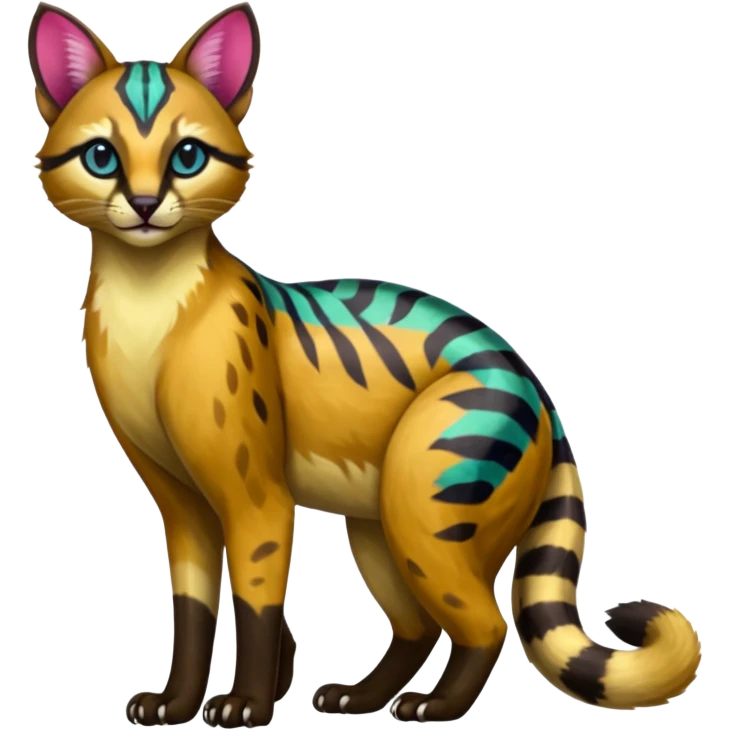 Vibrant-colored colorful painted marked patterned Asian glorious divine exotic cute cool beautiful shiny beautiful fantasy-caracal-civet-genet-sergal-vernid-Cacomistle-oncilla-animal-Fakémon-hybrid-fursona (full body) emoji