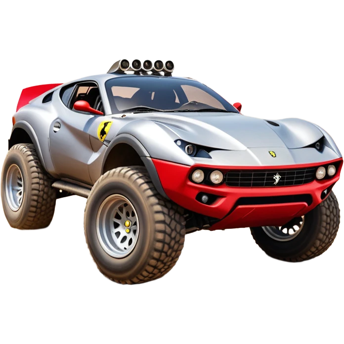 Satan’s evil Ferrari-colored Dirty and dented Local Motors Rally Fighter off road race car hot rod meets Toyota 86 trophy truck-style basher flying on a dusty road (silver wheels) emoji