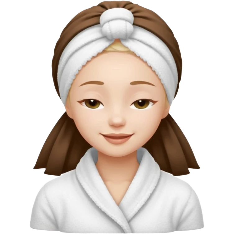 cute girl with her eyes closed and smiling, wearing a white spa towel as her clothes in she has a white spa towel on her head, white face skincare emoji