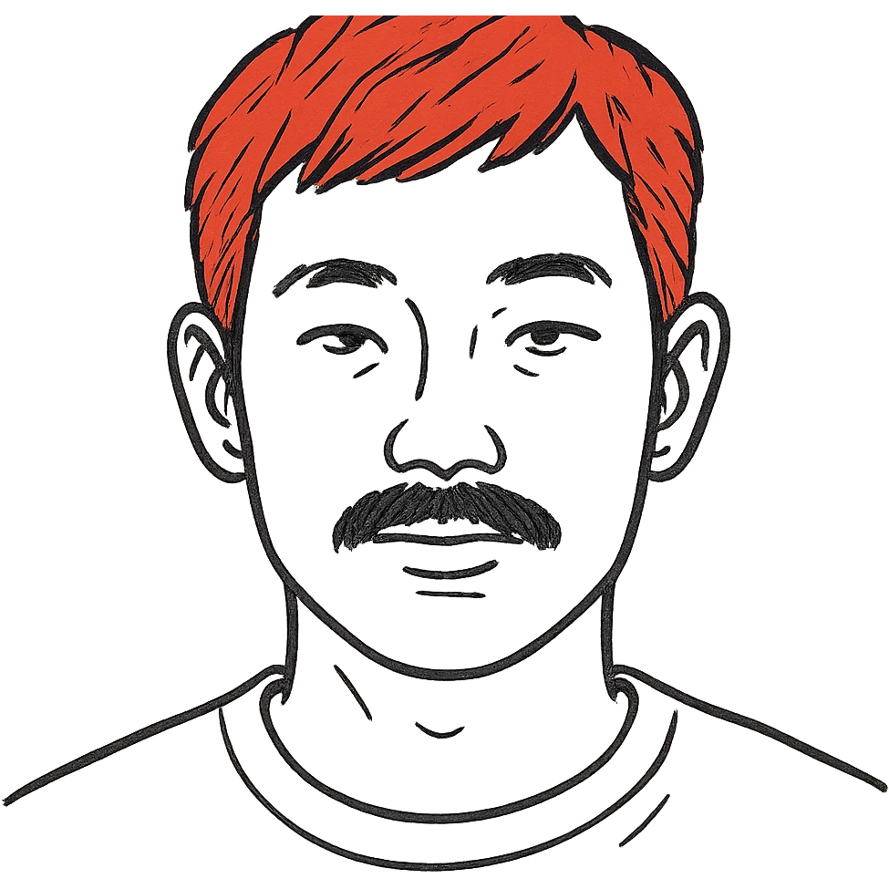 Asian man with black mustache and red hair, hand-drawn outlined style emoji