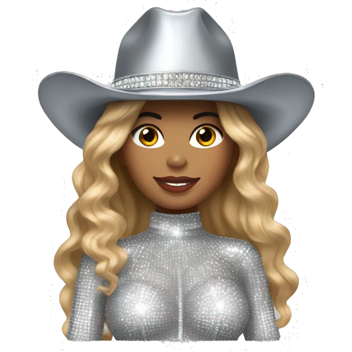 beyoncé in a silver crystal outfit wearing a silver crystal cowboy hat emoji