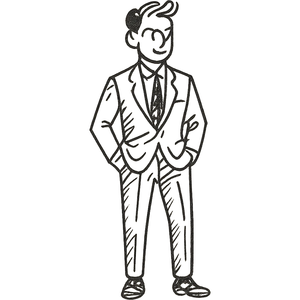 full body guy wearing a purple suit, stylish, confident expression, hand drawn icon style, no fill emoji