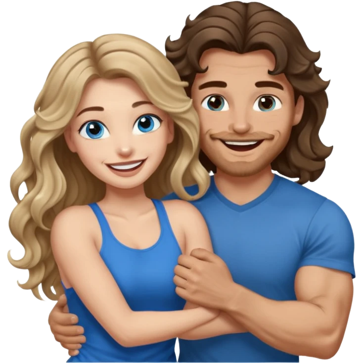 Women with blue eyes and very long, brown blond balayage curled hair in the arms of a man with strong arms a straight face, a very sexy man blue eyes. They are laughing at each other. He has dark brown hair: A fade haircut down to skin and is light skinned  emoji