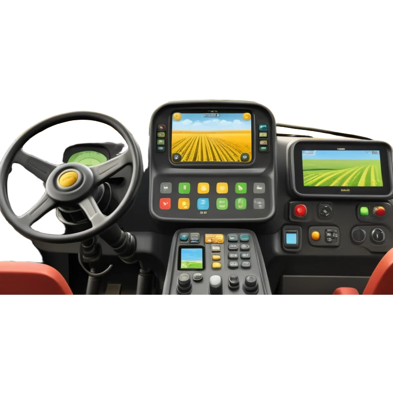 a view from the tractor cabin, with the dashboard in focus, overlooking a vibrant rural landscape. Inspired by Farming Simulator 22, the scene includes fields, crops, and distant barns under a bright sky. The design highlights the immersive experience of farm management. transparent background emoji