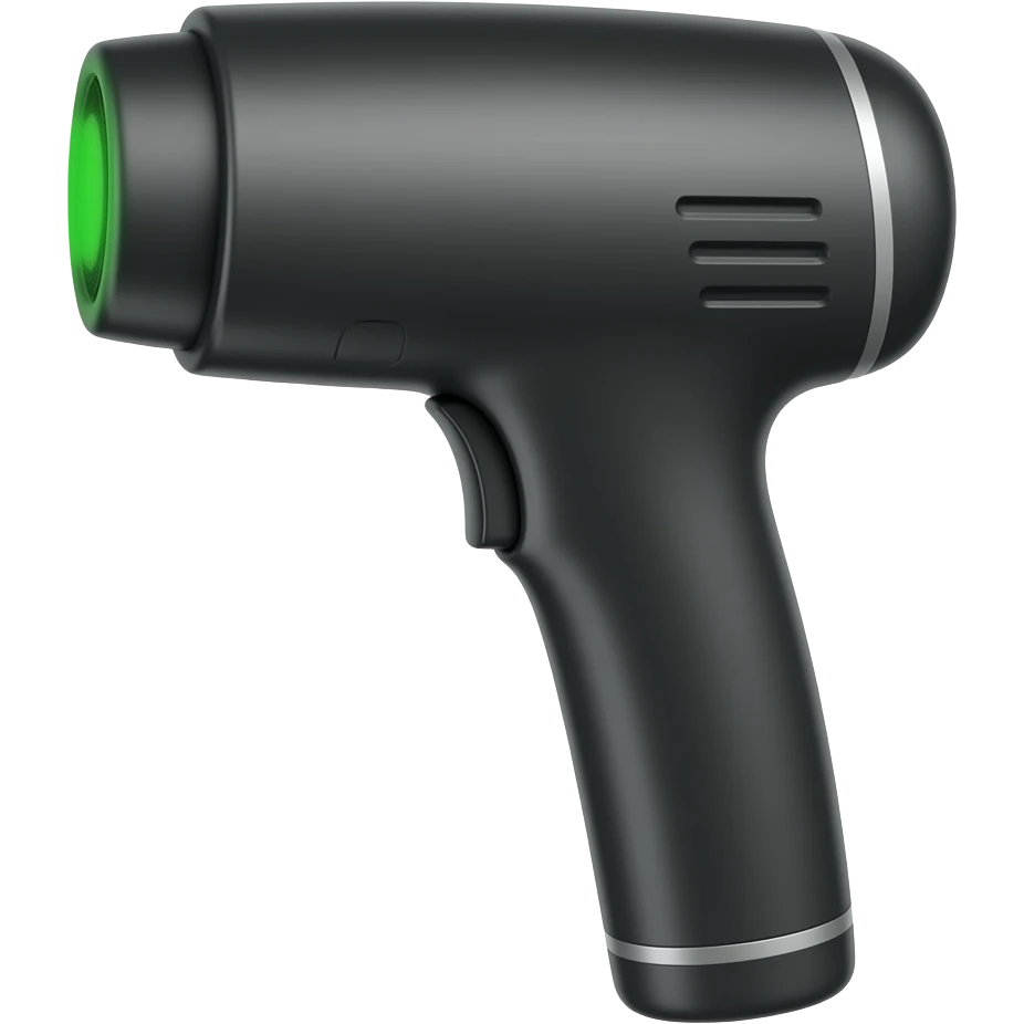 handheld cylindrical laser hair removal device with glowing green tip emoji