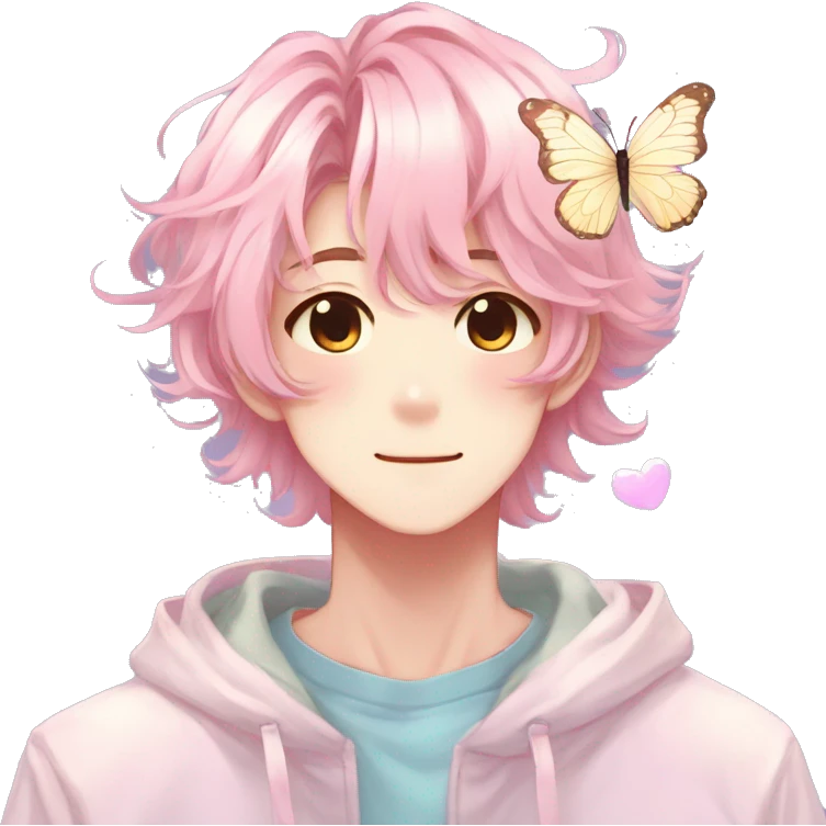 Gorgeous colorful shiny pastel anime style shojo man with blushing face and butterflies aesthetic and pretty hair trending style emoji