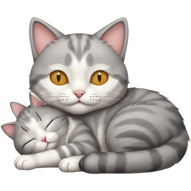 1 grey and white small cat with his eyes closed lying down leaning on his elbow with his paw curled under his head holding it up emoji