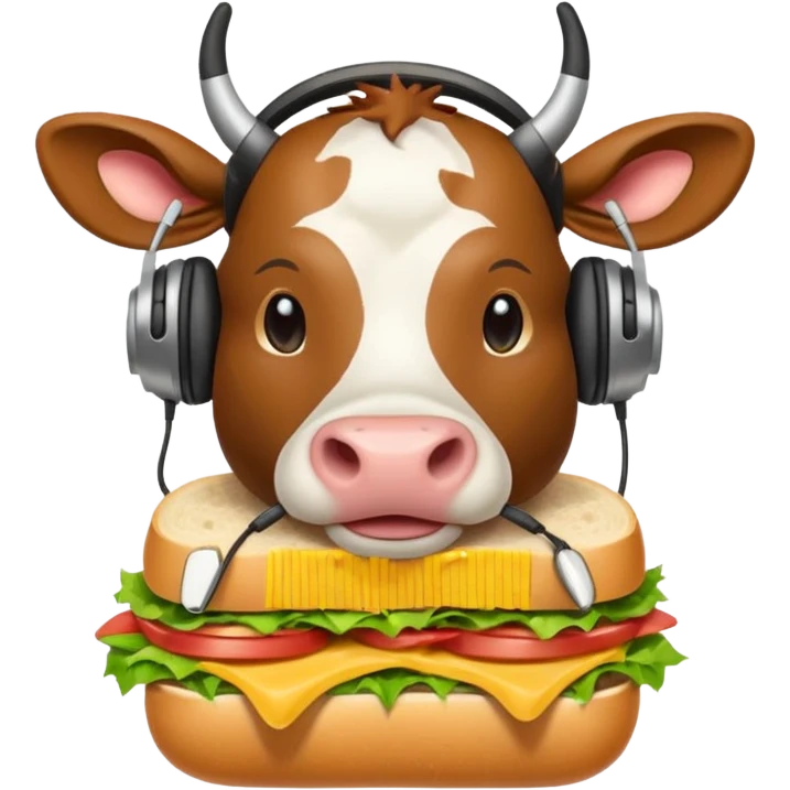 cartoon cow wearing headphones, munching a sub sandwich, apple emoji style emoji