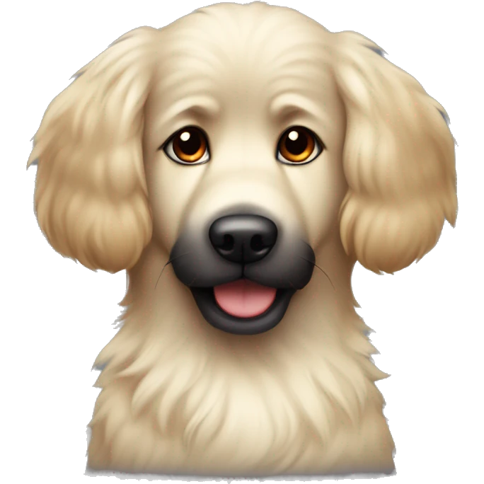 an adorable looking, fluffy, light colored dog with dark eyes and a cute black nose, floppy ears and a red collar, groomed fur emoji